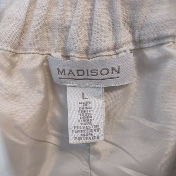 Madison Women's L Beige Linen Skirt Green Embroidery Elastic Waist Lined Boho - Picture 7 of 10